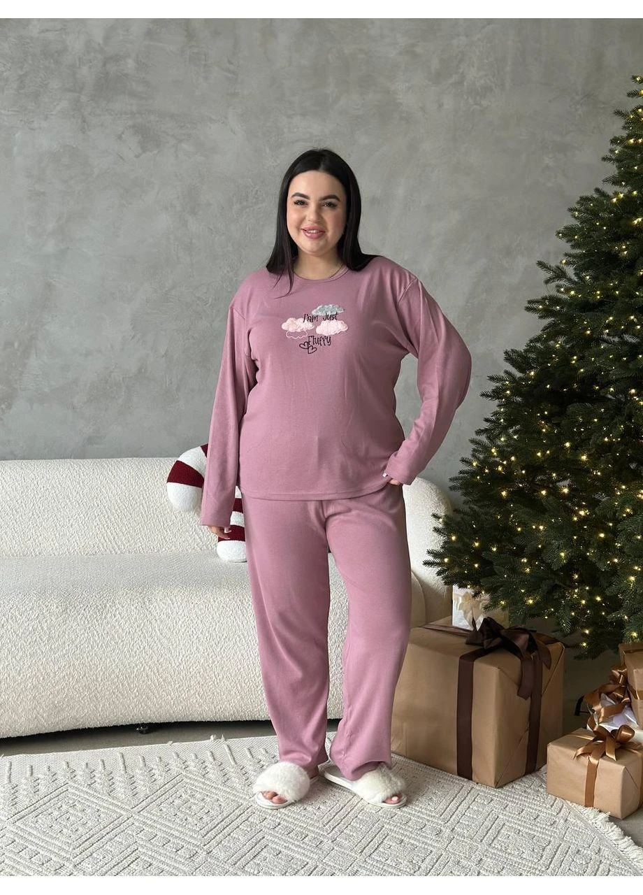 Рожева жіноча піжама plus size пудрово-рожева з довгим рукавом / жіноча домашня піжама plus size у пудровому відтінку з принтом / No Brand