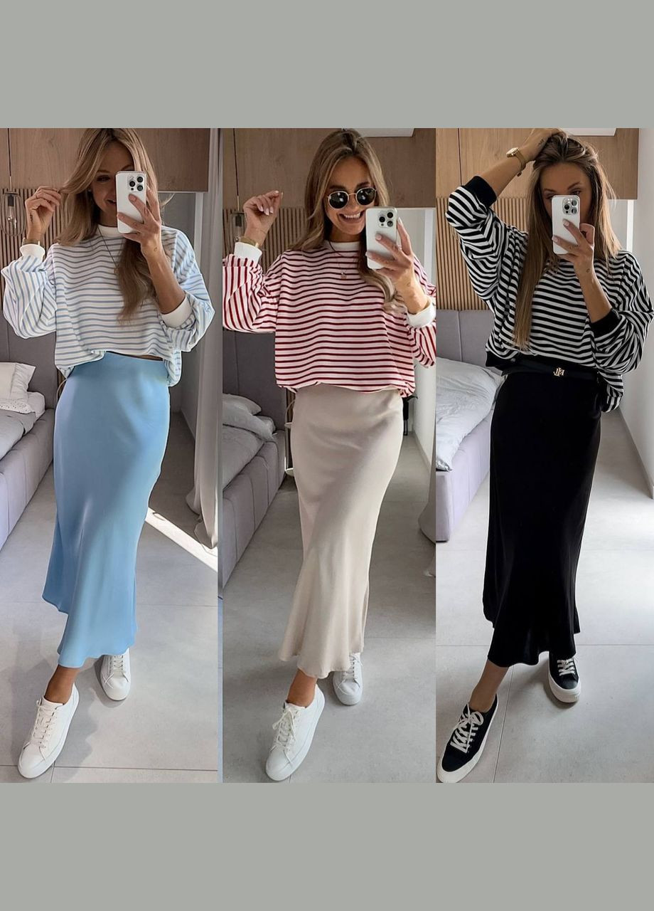 Черная однотонная летняя шёлковая юбка на высокой посадке черного цвета No Brand