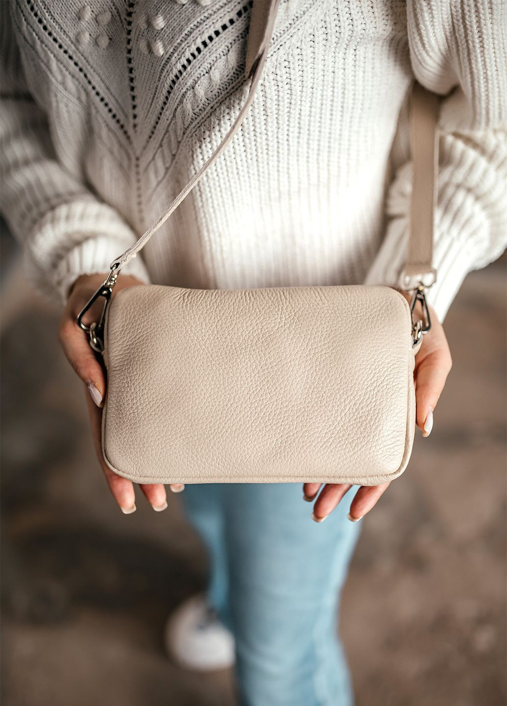 Сумка женская кожаная кросбоди S406 бежевая через плечо маленькая HandyCover (284734718)