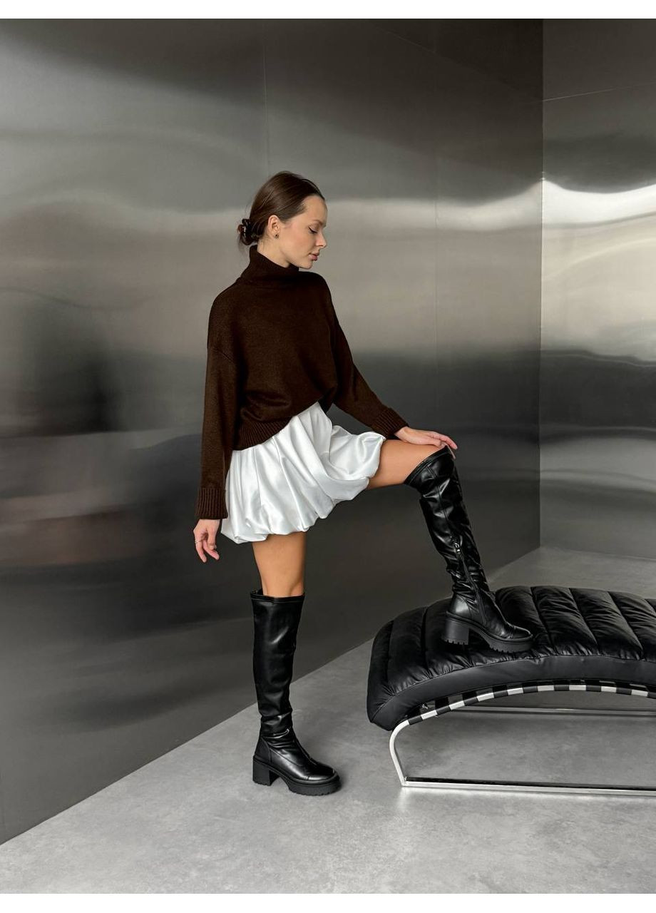 Черные осенние женские стильные ботфорты на каблуках зимние черный цвет эко кожа No Brand