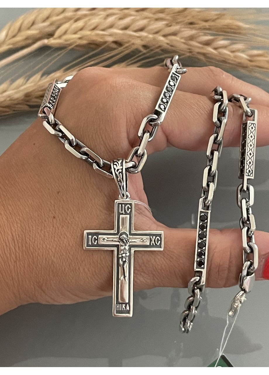 Ланцюг із якірного бруса із елементами цирконію плюс хрестик в емалі No Brand (323017137)