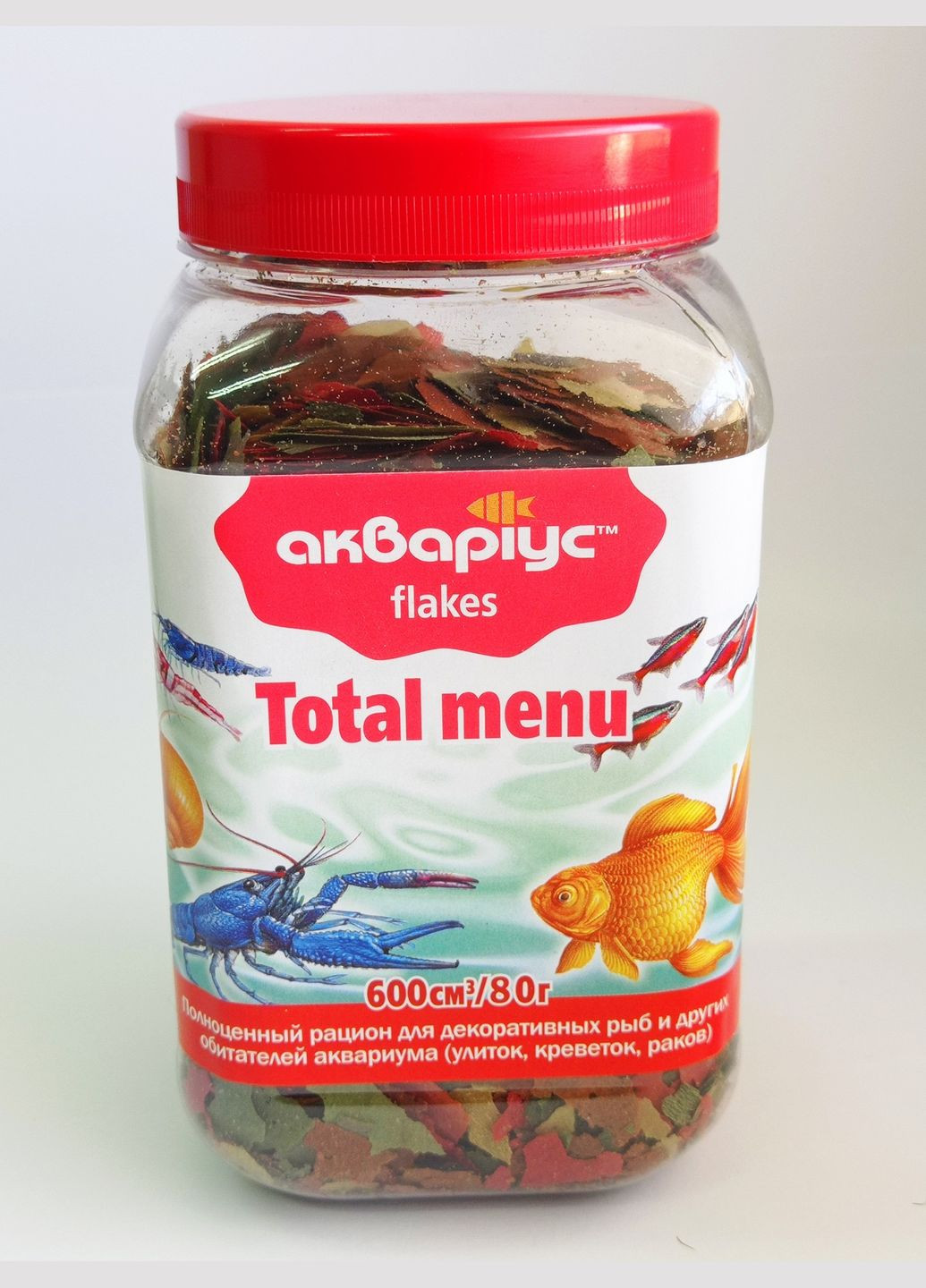 Корм Аквариус Тотал меню хлопья для всех видов аквариумных рыб улиток креветок раков 80 г (4820079311274) Акваріус (288576465)