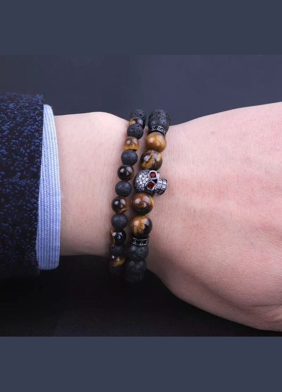 Комплект браслетів з лавового каменю та тигрового ока з чорним черепом (12046) Hemst (301071355)