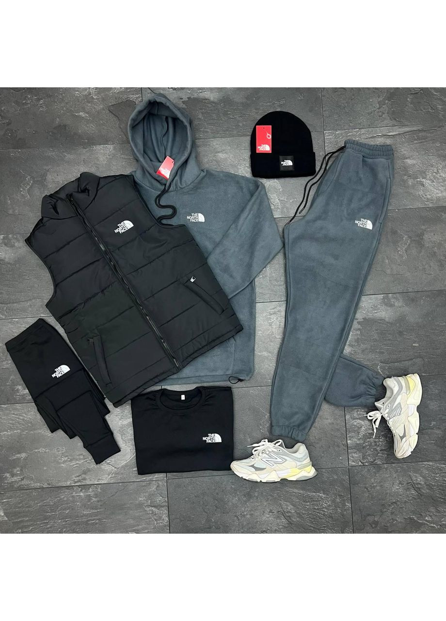 Чоловічий спортивний зимній костюм+термобілизна+жилетка+шапка TNF сірий No Brand (353390422)