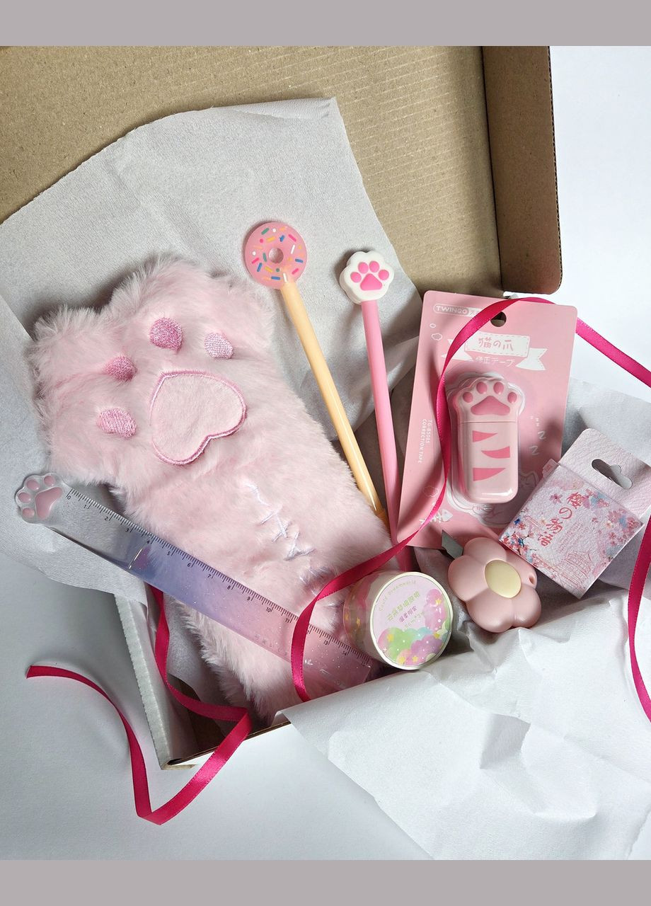 Подарунковий набір канцелярії Лапка котика рожевий стильний дизайн для навчання і роботи 8 предмети No Brand (331763134)