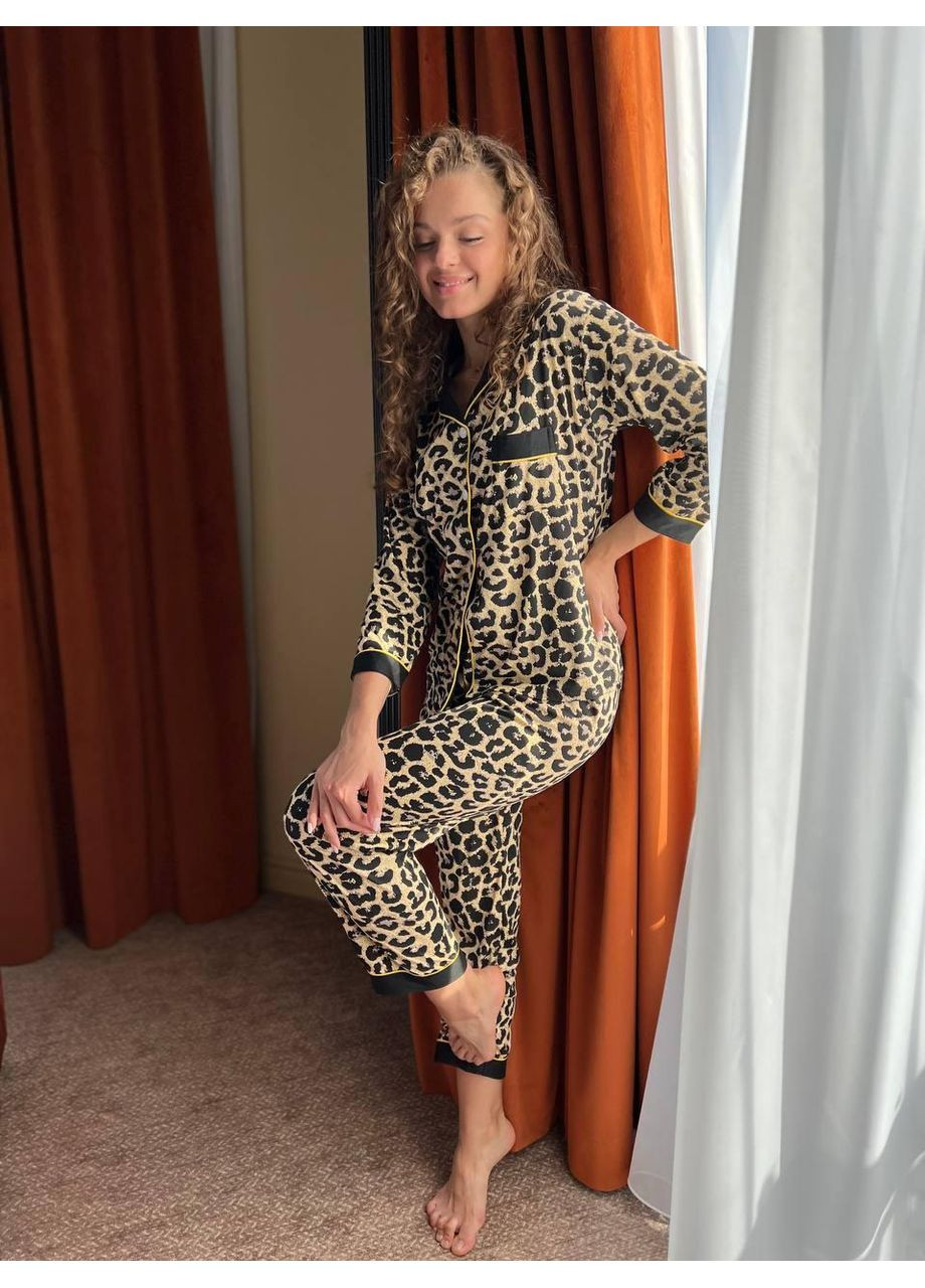 Комбинированная женская пижама леопардовая из полированного коттона на трикотажной основе / пижама женская с леопардовым принтом полированный котон No Brand