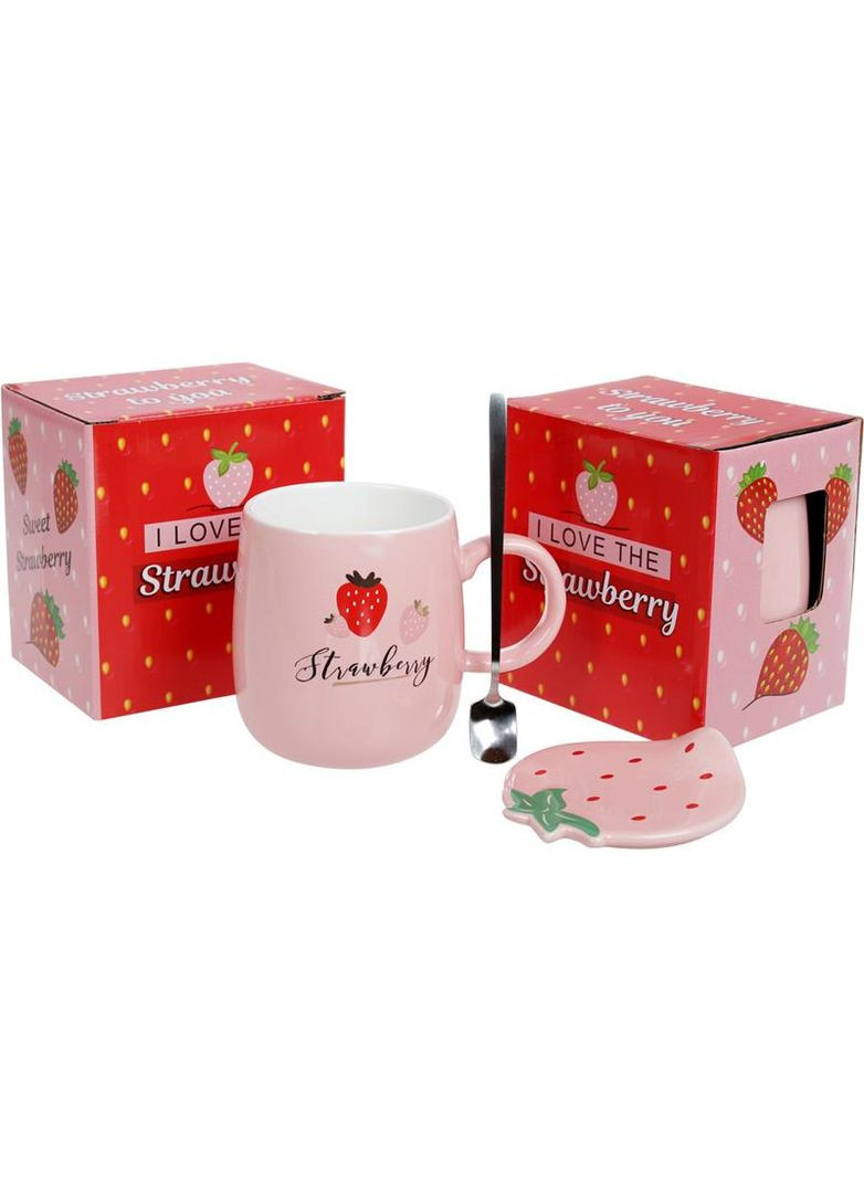 Кружка фарфорова Полуничка 420мл з кришкою та ложкою для чаю та кави рожевий кухоль-заварник Bona (368979578)