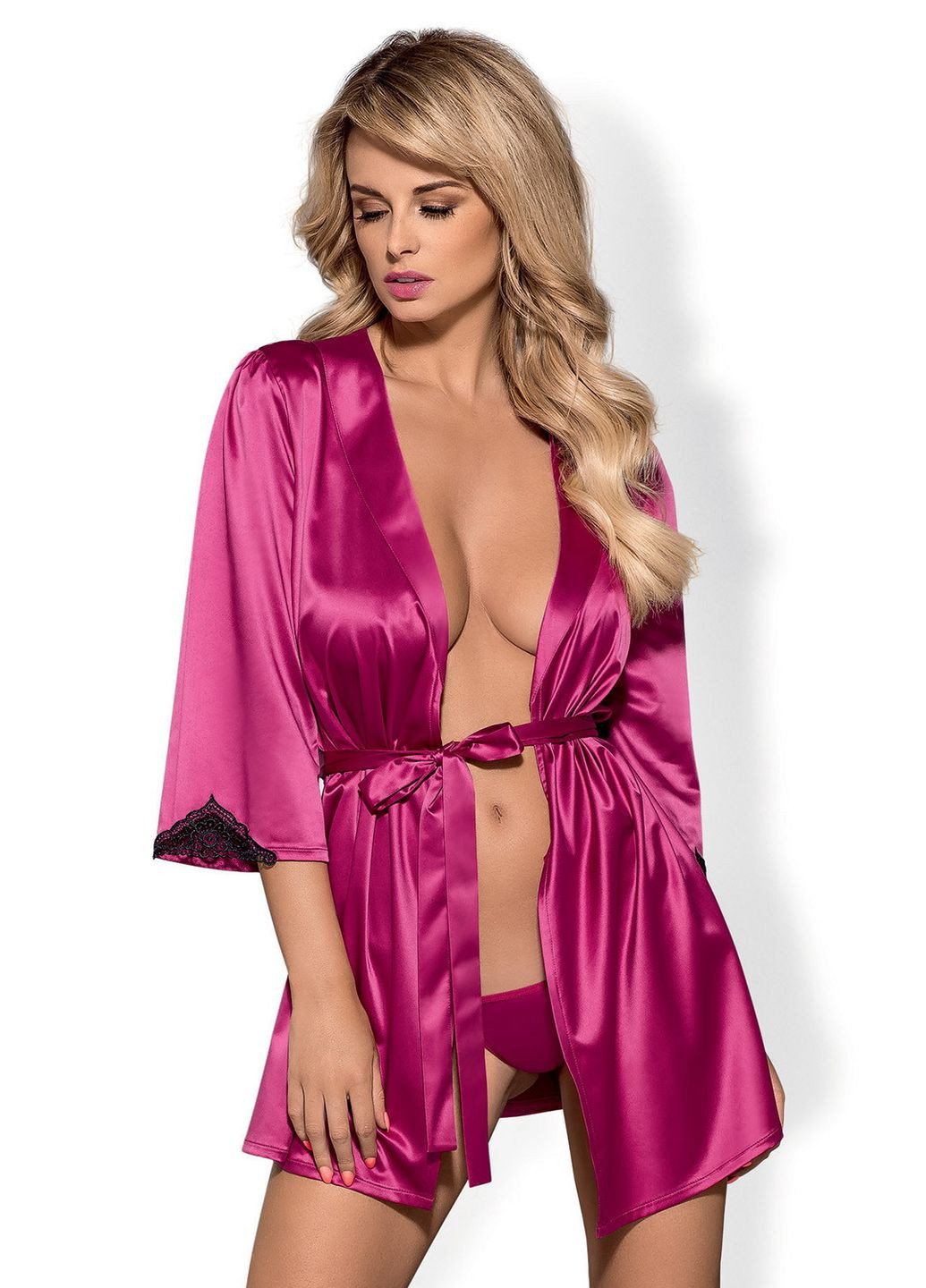 Малиновый демисезонный халатик атласный короткий с трусиками satinia robe Obsessive