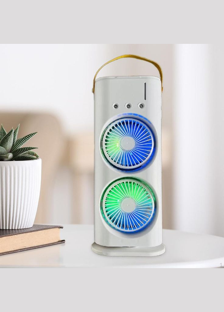 Настільний подвійний вентилятор-зволожувач повітря з кольоровою LED підсвіткою RGB на акумуляторі + USB з пультом Po Fanu (328265857)