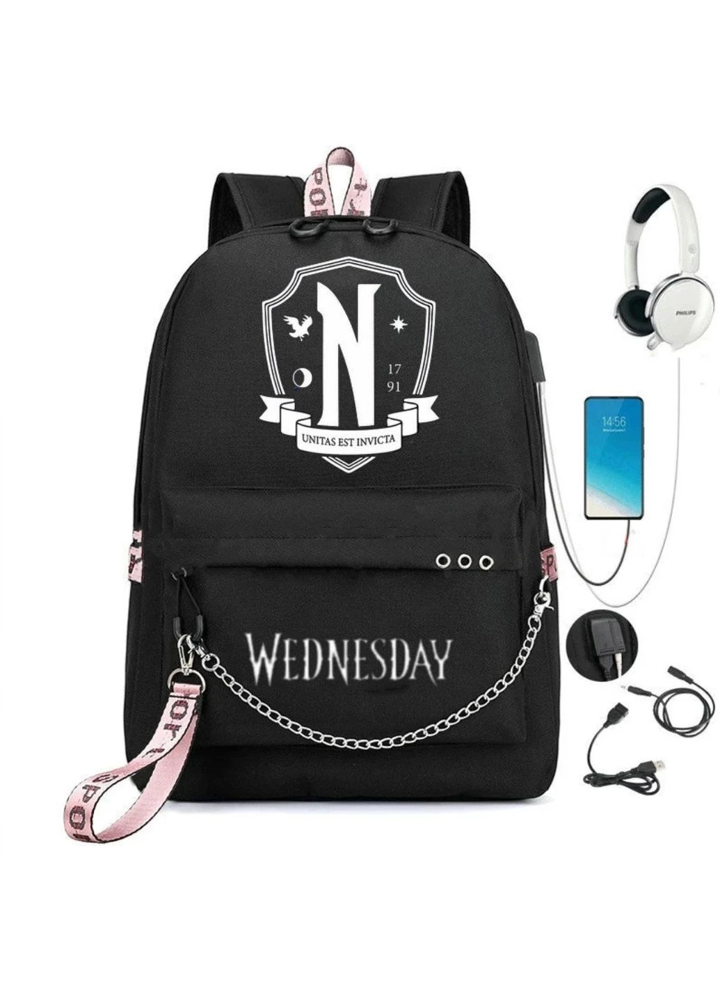 Шкільний рюкзак Wednesday, Nevermore academy з USB No Brand (390038994)