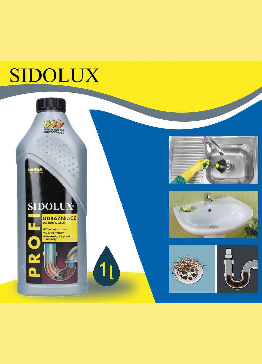 Засіб для прочищення стоків, труб, сифонів SIDOLUX PROFI 1л гелевий очищувач для усунення та профілактики засорів у каналізації Lakma (264209627)