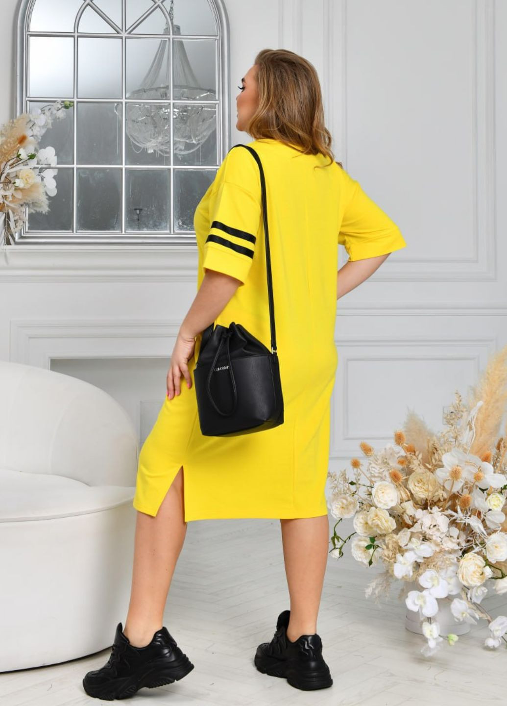 Желтое повседневный стильное повседневное платье с лампасами No Brand однотонное