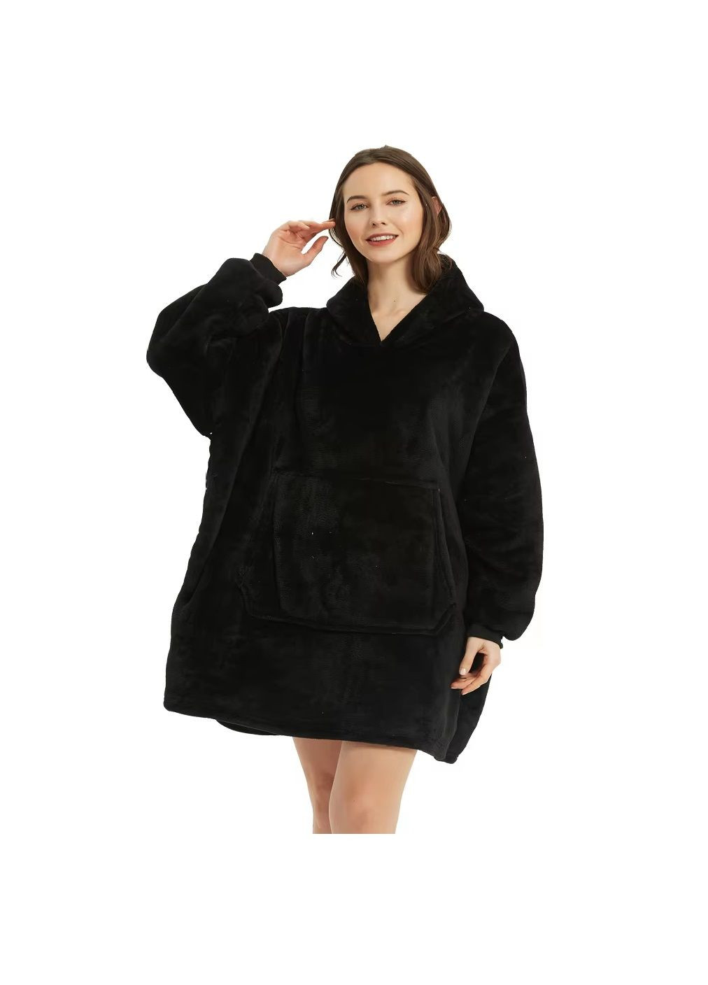 Толстовка плед халат зимний худи свитер оверсайз унисекс с карманом капюшоном однотонная 80х100 см (478494-Prob) Черная Unbranded (305784374)