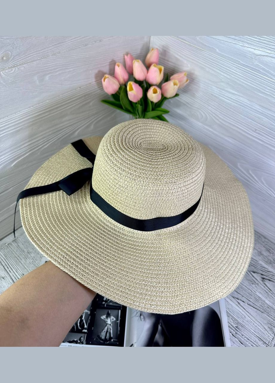 Женская солнцезащитная соломенная шляпа с черным бантом (55-58) No Brand (358204272)