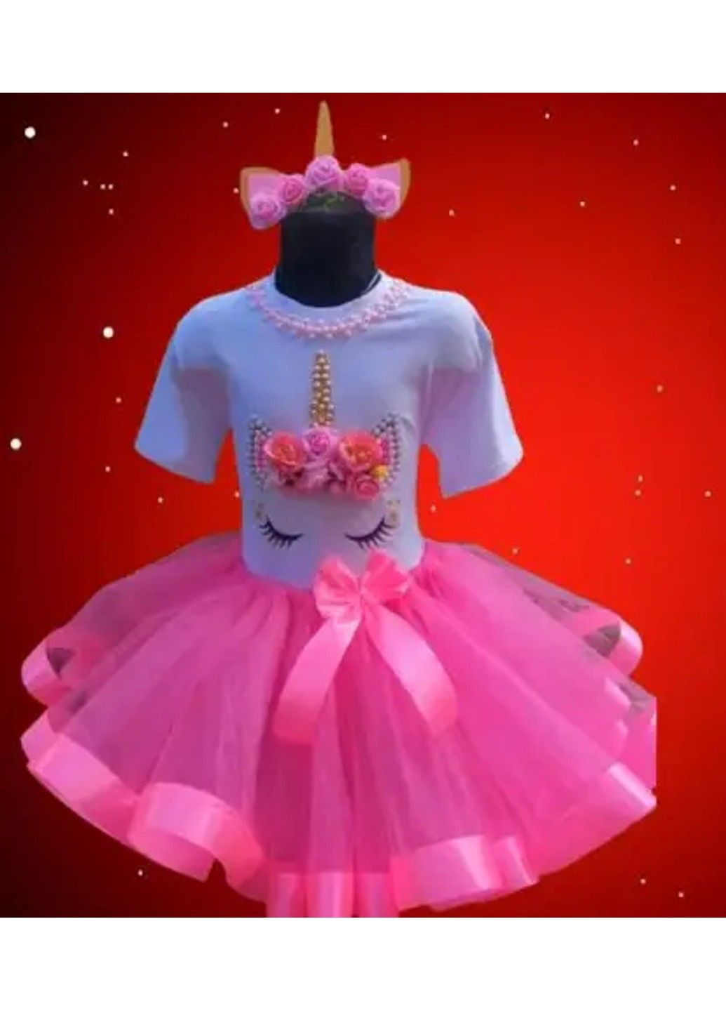 Белый нарядный костюм для девочки "единорожка" - футболка, юбка, обруч юбочный No Brand