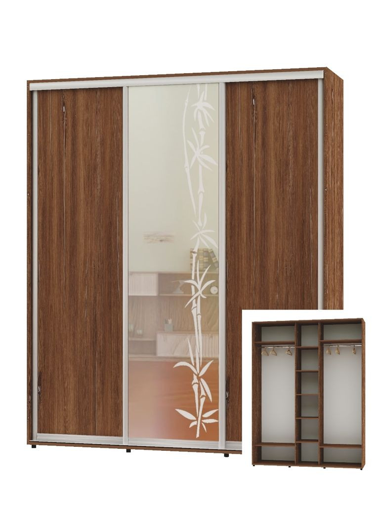 Шафа-купе тридверна 200*60*250 Дуб вінтаж 2 ДСП/Дзеркало з піскострумним малюнком ШК-04 Алекса (360449174)