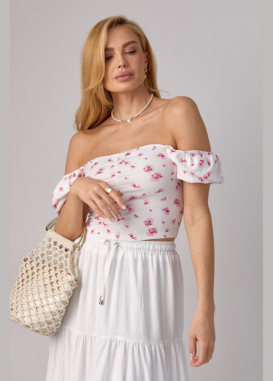 Біла коротка блуза-топ у квіточку - біла з рожевим Lurex