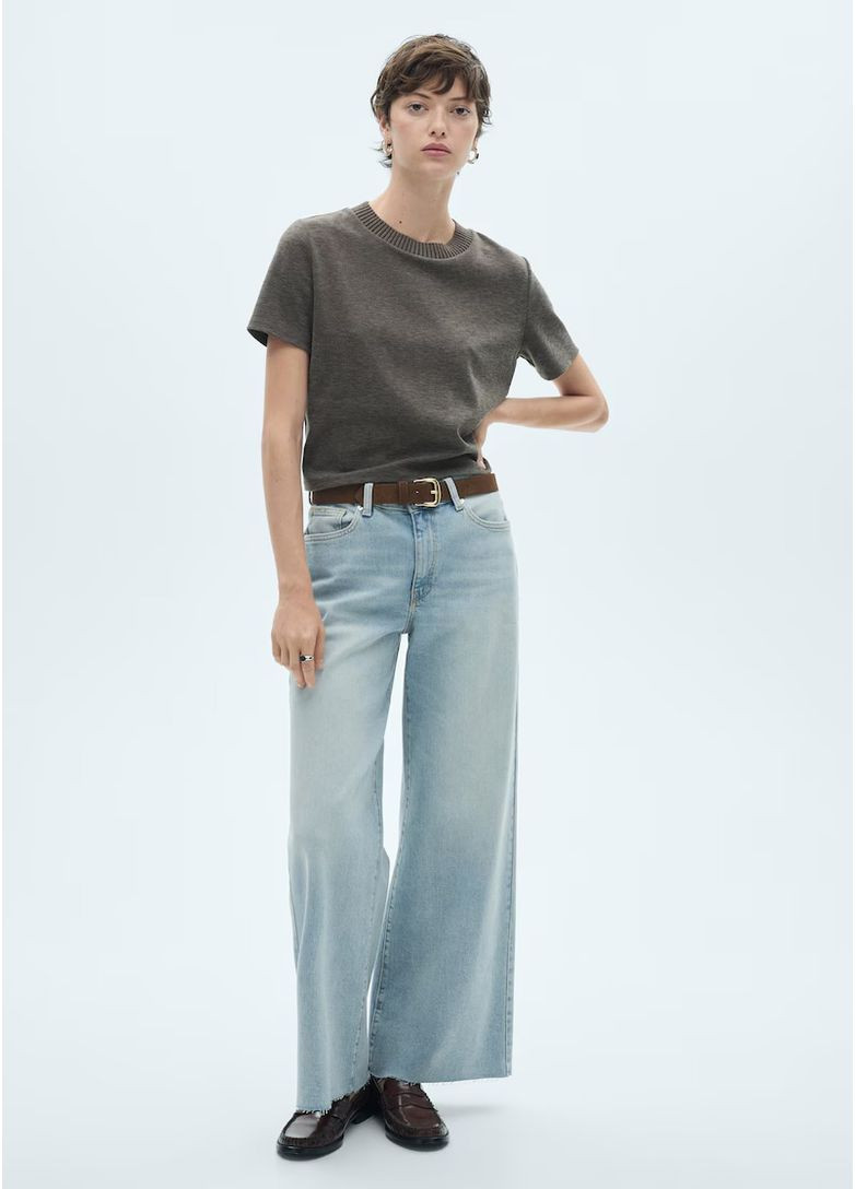 Широкі джинси на невисокий ріст укорочені рівні прямі блакитні кюлоти Mango - (364710809)