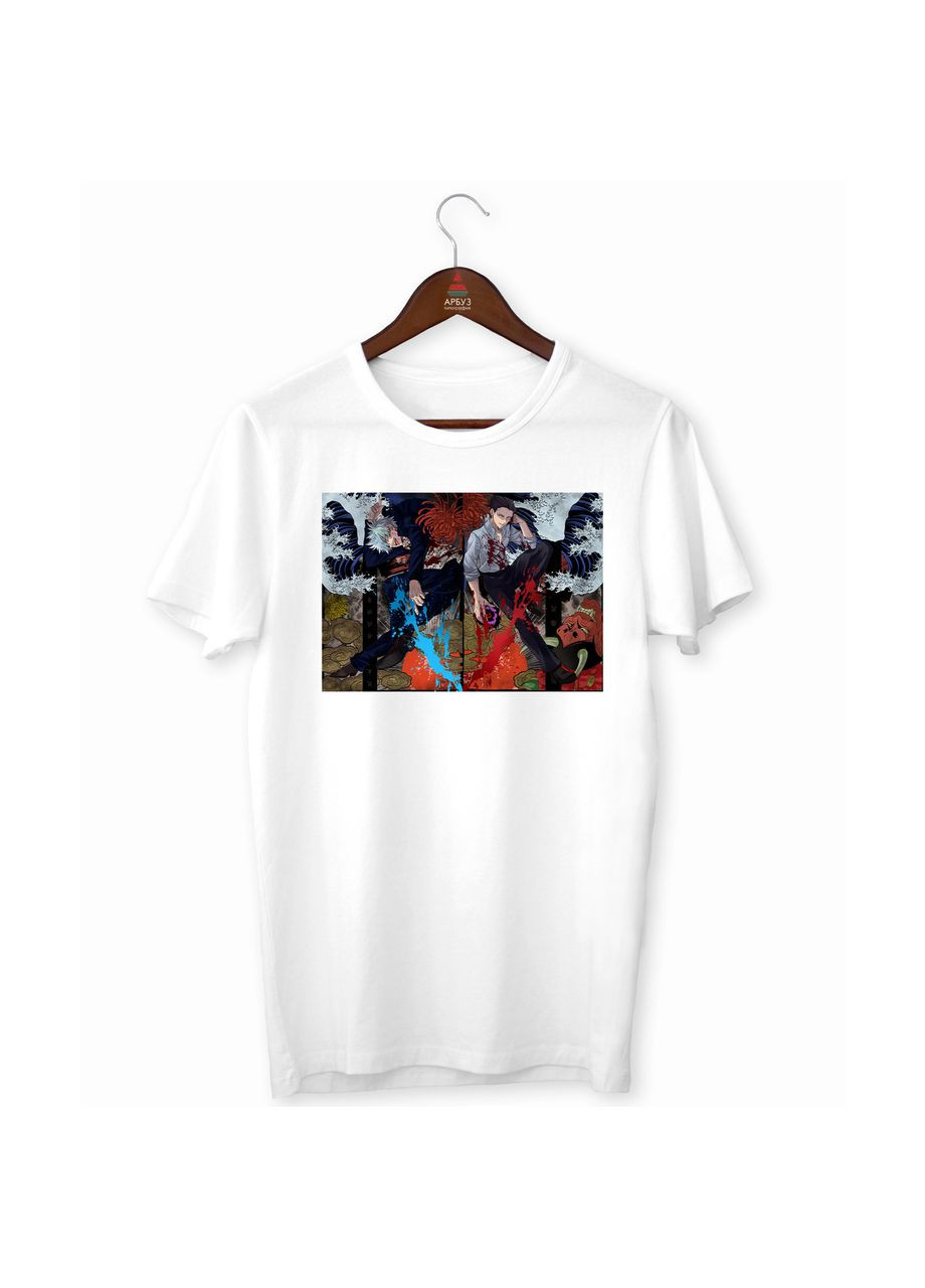 Футболка біла з принтом "Jujutsu Kaisen Магічна битва Сатору Годжо Гето Сугуру арт" Кавун футболка (316345358)