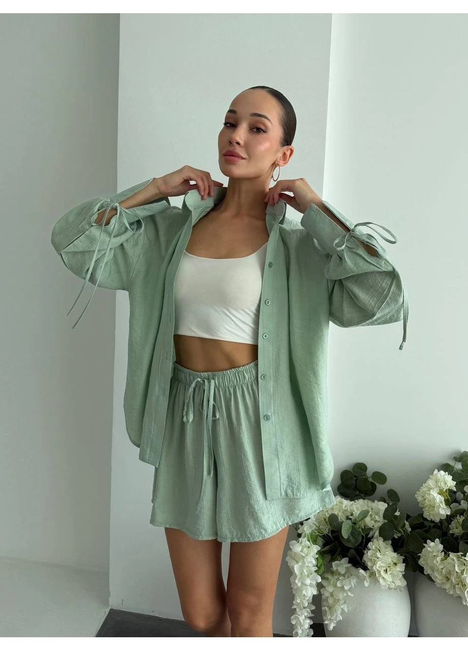 Костю жiночий з бавовни шорти+сорочка м'ятного кольору 38460 No Brand (395820924)
