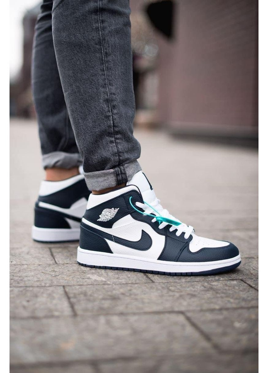 Белые демисезонные кроссовки мужские nike air jordan 1 retro mid blue white найк аир джордан No Brand