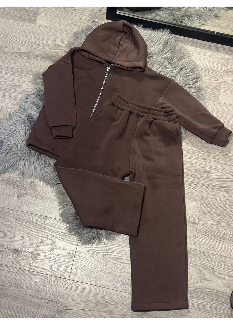Темно-коричневий демісезонний костюм трендовий теплий штани палаццо та кофта на блискавці з капюшоном,трьохнитка на флісі Україна
