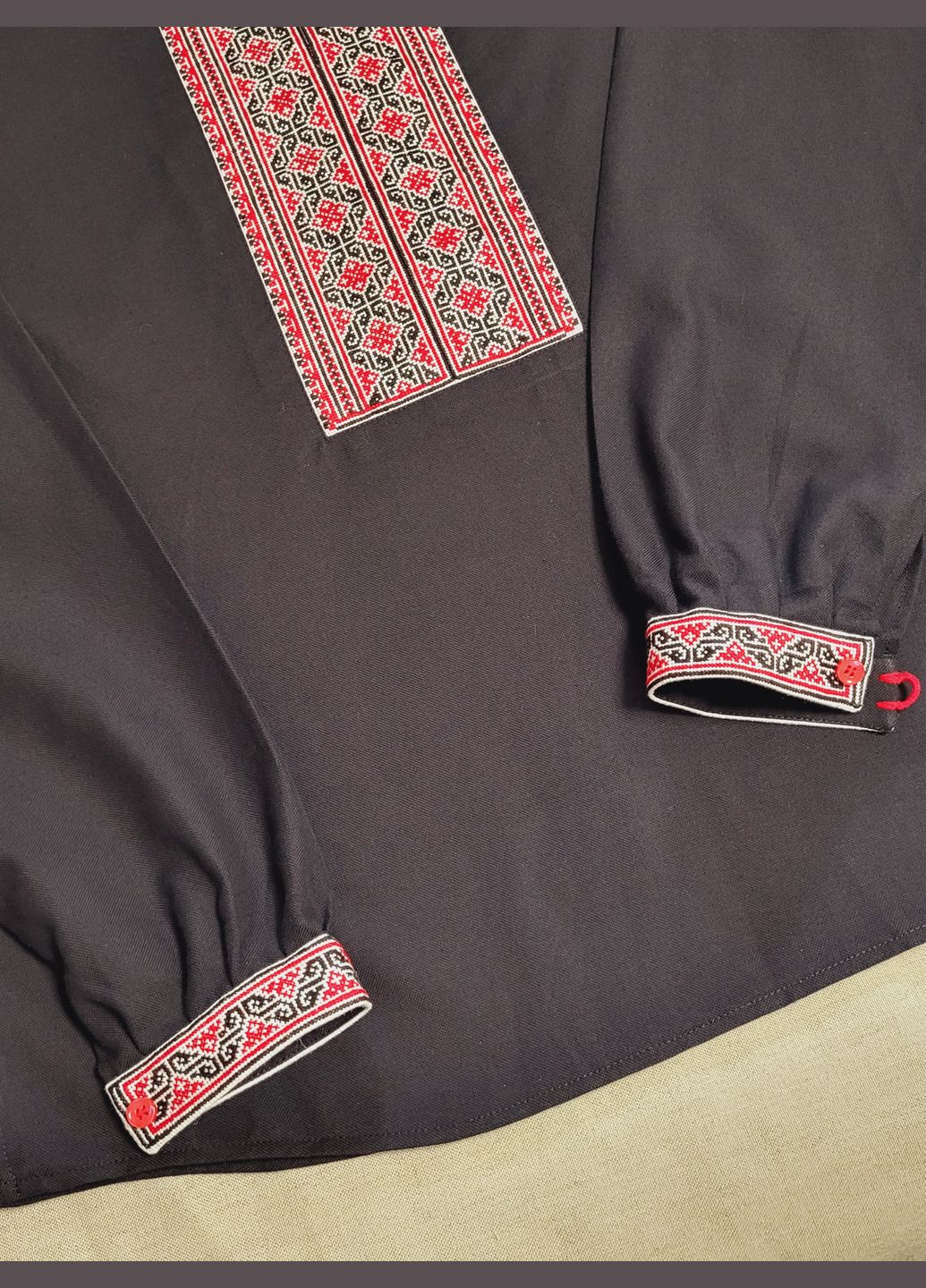 Чёрная мужская вышиванка ручной работы черного цвета на домотканом полотне "гесики" Hand Made узор украинская символика свободная, прямой хлопок, домотканное полотно (335976663)