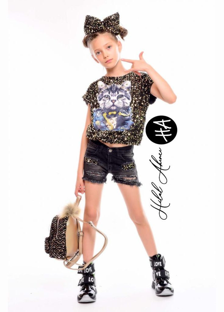 Желтый летний футболка + шорты джинсовые + обруч 1126 золотой и черный HA