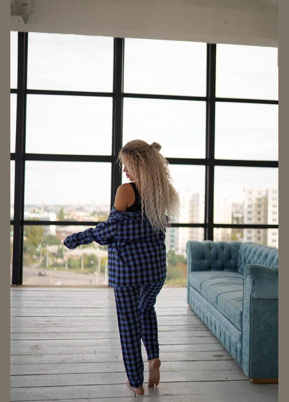 Синяя всесезон фланелевая пижама в клетку рубашка + шорты No Brand