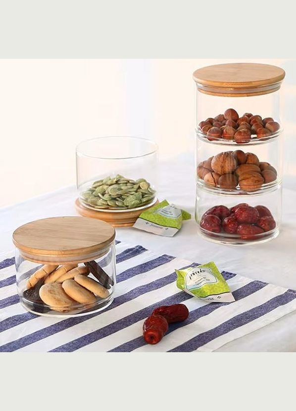 Набор 4 стеклянных емкостей Cadassi 400мл для хранения продуктов с бамбуковой крышкой S&T (330137734)