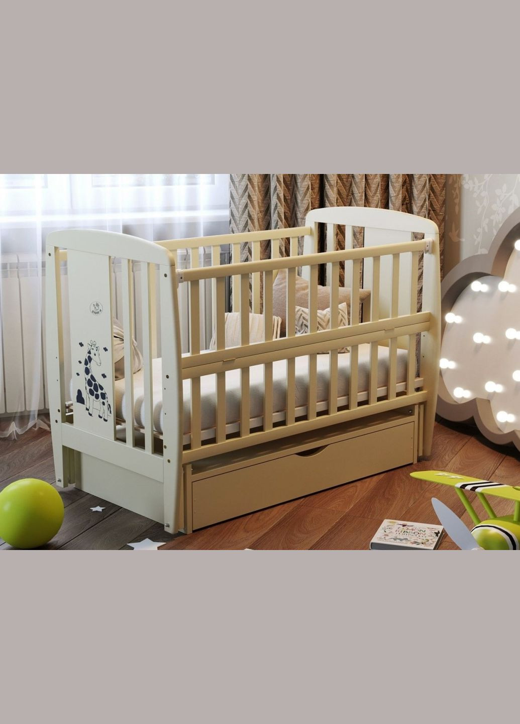 Кровать для новорожденного Жирафка с ящиком, слоновая кость, бежевый () Дубок 9800-DJS-02 (346999127)