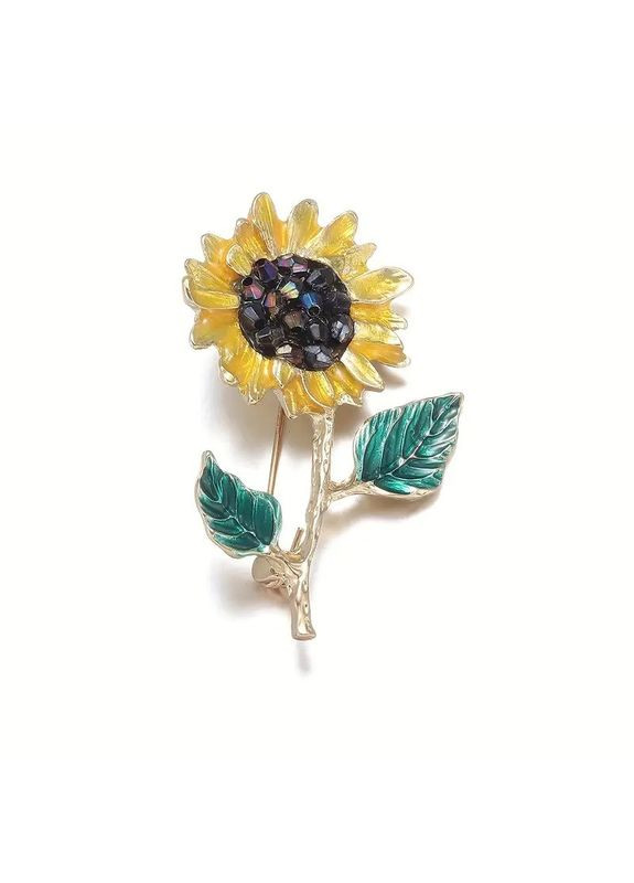 Золотистая брошь в винтажном стиле в виде подсолнуха с черными стразами 5х3.2 см AurumLux308 Fashion Jewelry (365777339)