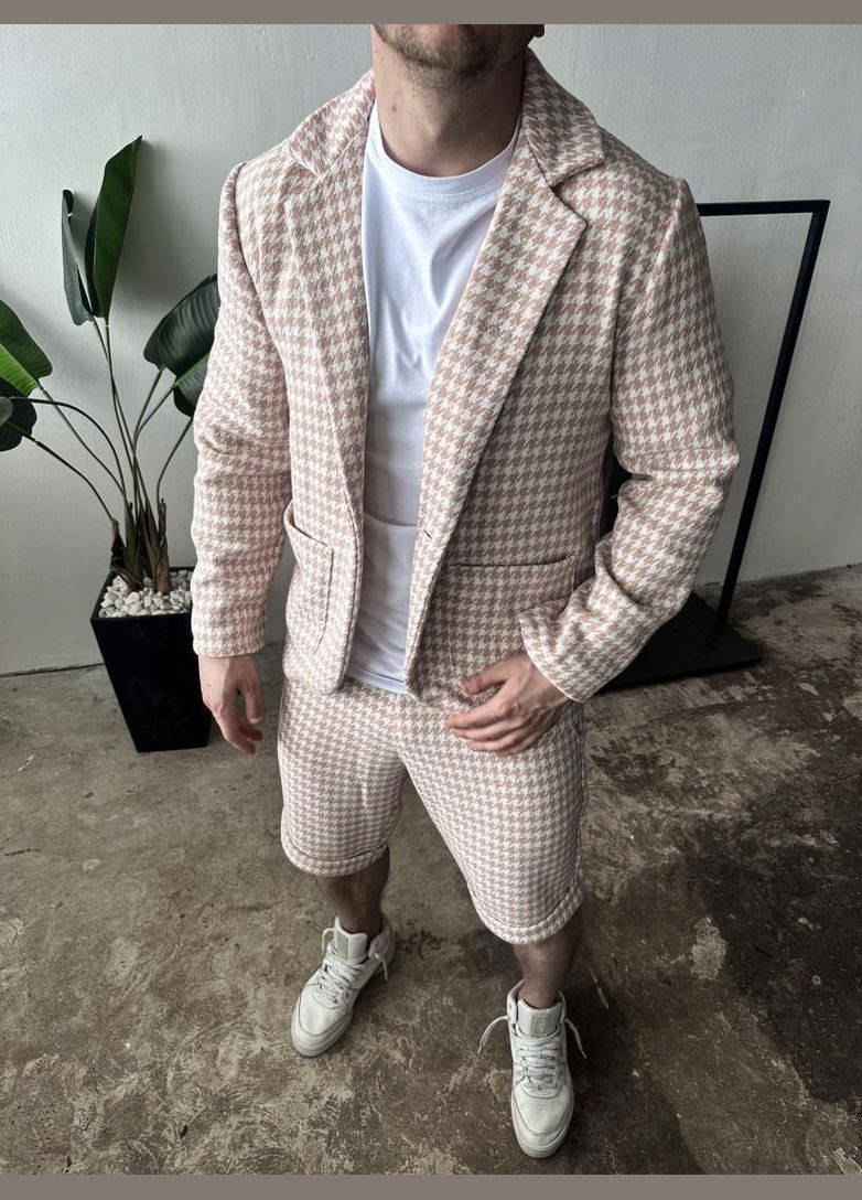Комбінований демісезонний рожевий чоловічий літній класичний костюм з принтом No Brand