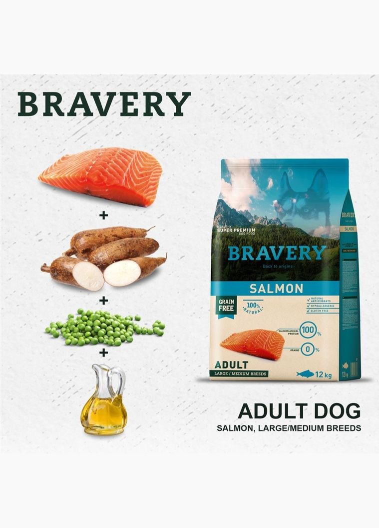 Сухой корм Salmon Large/Medium Adult для взрослых собак средних и больших пород с лососем 12 кг (8436538946640) Bravery (316226773)