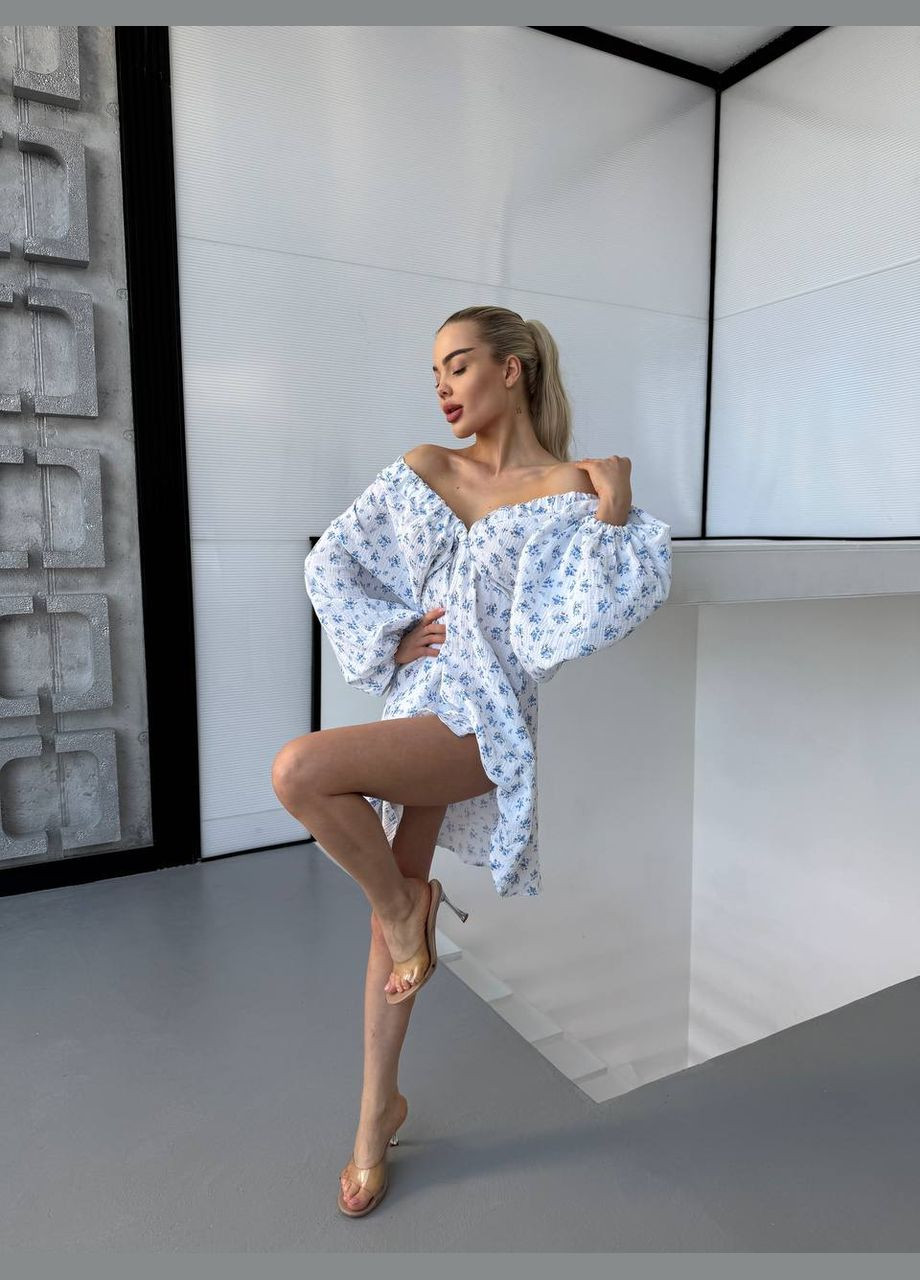 Голубое воздушное муслиновое платье с цветочным принтом No Brand с цветочным принтом