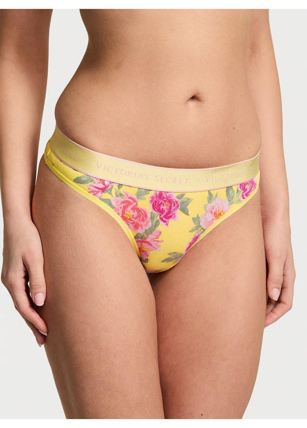 Трусики-стрінги жіночі бавовняні з логотипом Logo Cotton Thong Panty жовті Victoria's Secret (350633334)