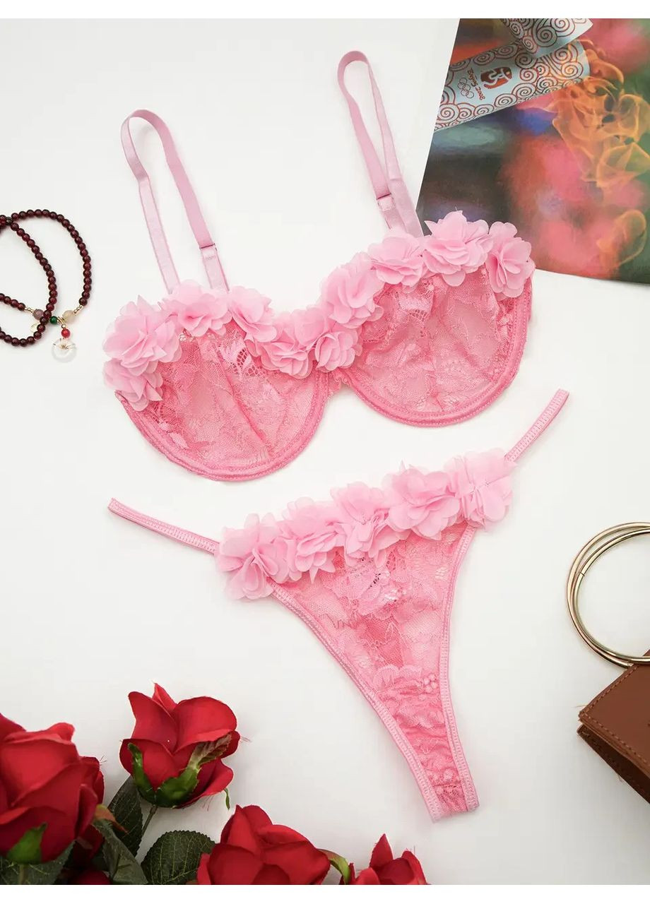 Рожевий демісезонний жіночий сексуальний яскраво мереживний комплект білизни. якісна жіноча спідня білизна, мереживний комплект China