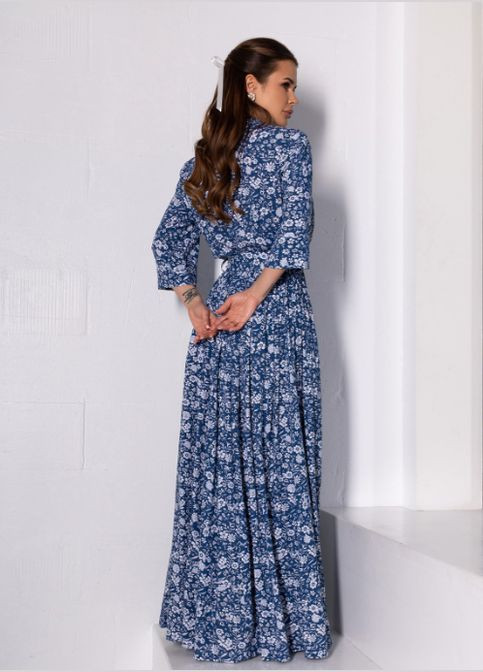 Синя довга сукня із бавовни з розрізом No Brand з квітковим принтом