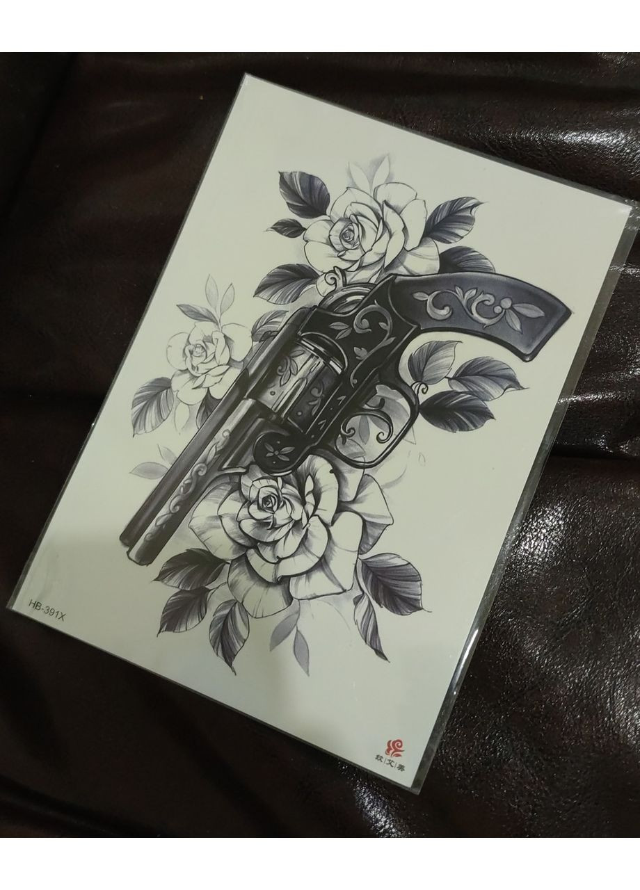 Тимчасове тату Револьвер у трояндах 21х15 см, Fine Line, контурні (TH499) Tattoo (366890993)