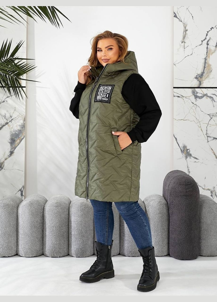 Жіноча жилетка батал хакі довжина по коліно пряма з капюшоном і кишенями Viki Жилет (316111605)