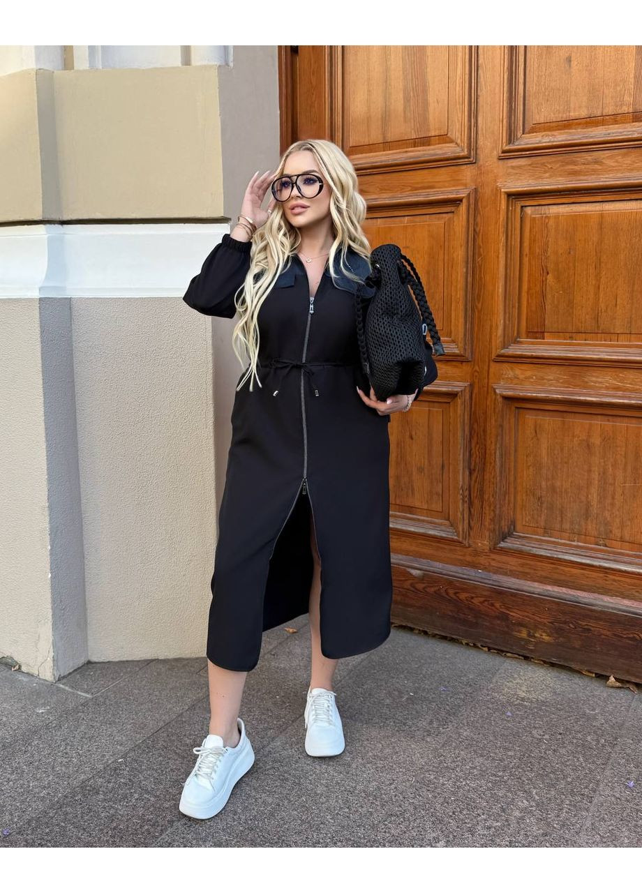 Черное кэжуал женское платье меди с поясом-затяжкой MonCher