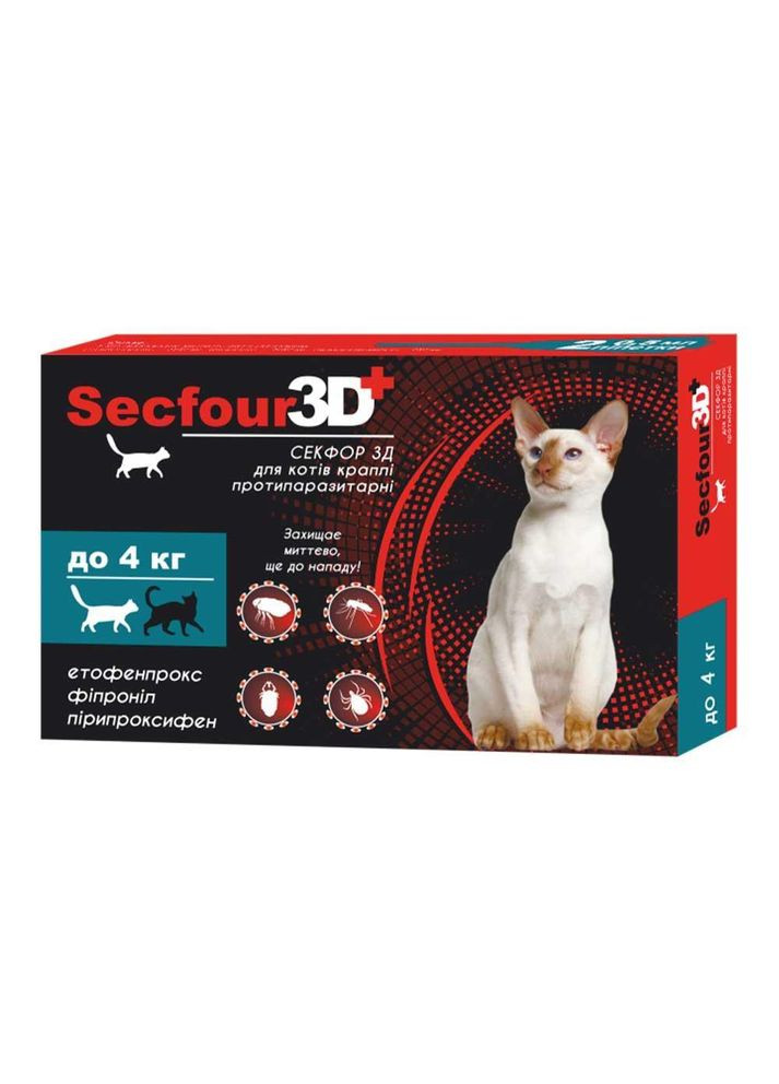 Капли противопаразитарные Secfour 3D (Секфор 3Д) для котов до 4 кг, 2 пипетки*0.5 мл 207458 No Brand (278411812)
