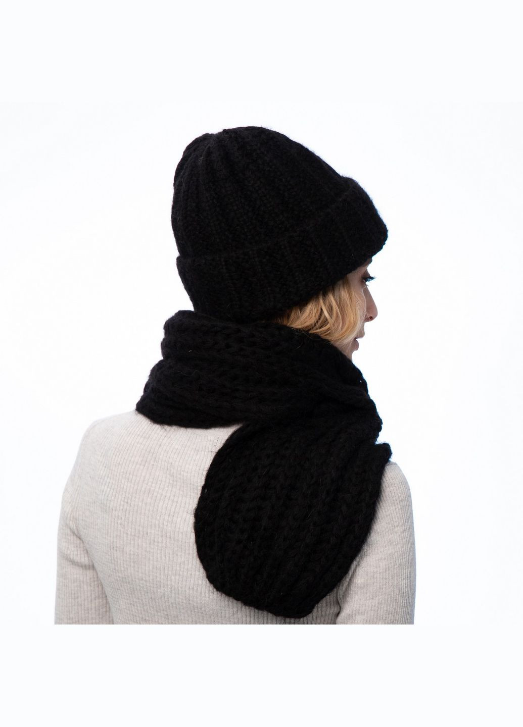 Набор шапка по голове + шарф женский шерсть черный GWINNETT LuckyLOOK 252-196 (290278353)