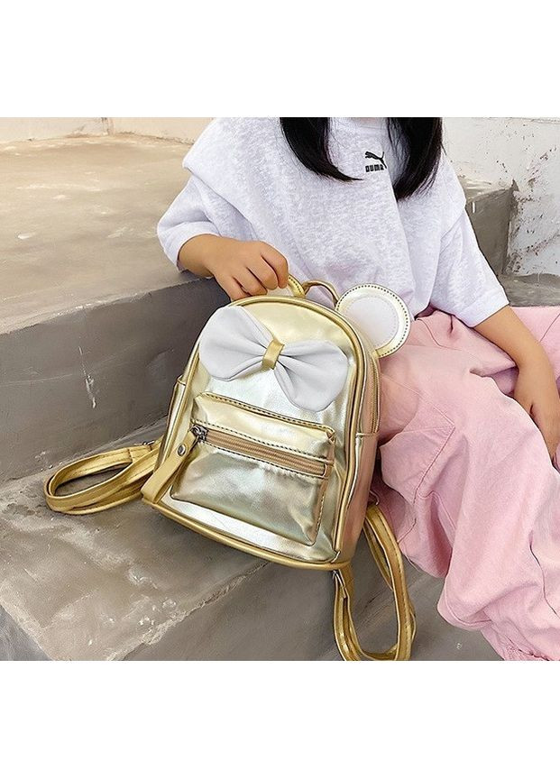 Детский рюкзак Микки Маус с ушками и бантиком блестящий для девочек золотистый No Brand (351536926)