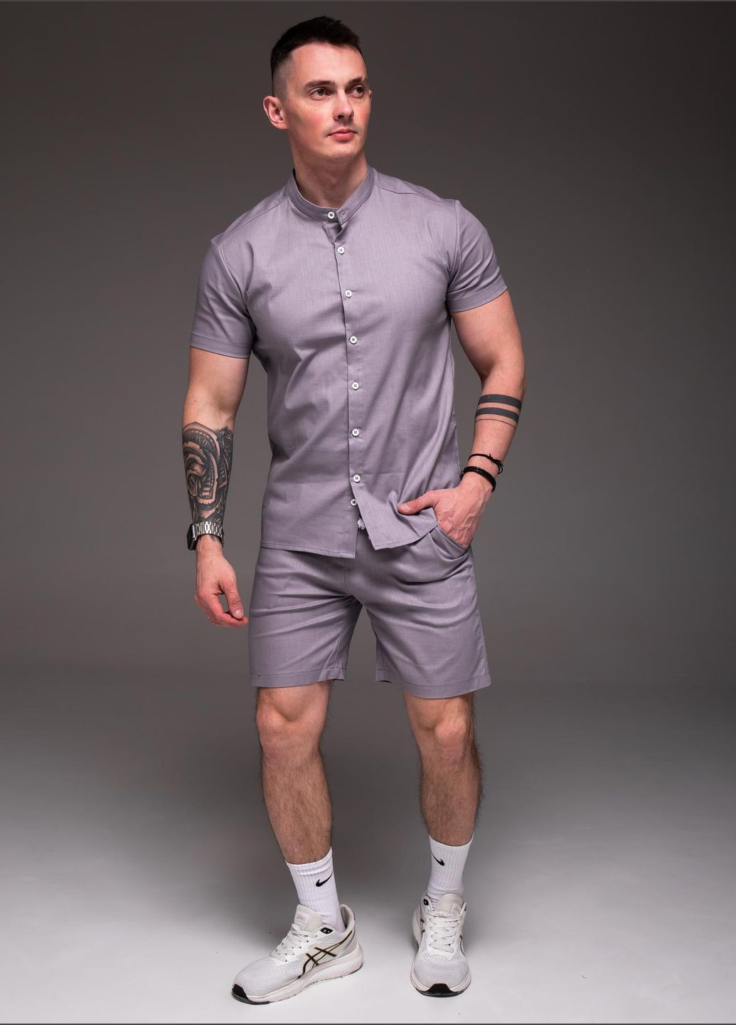 Серый летний костюм мужской рубашка + шорты лен серый с рубашкой, с шортами No Brand