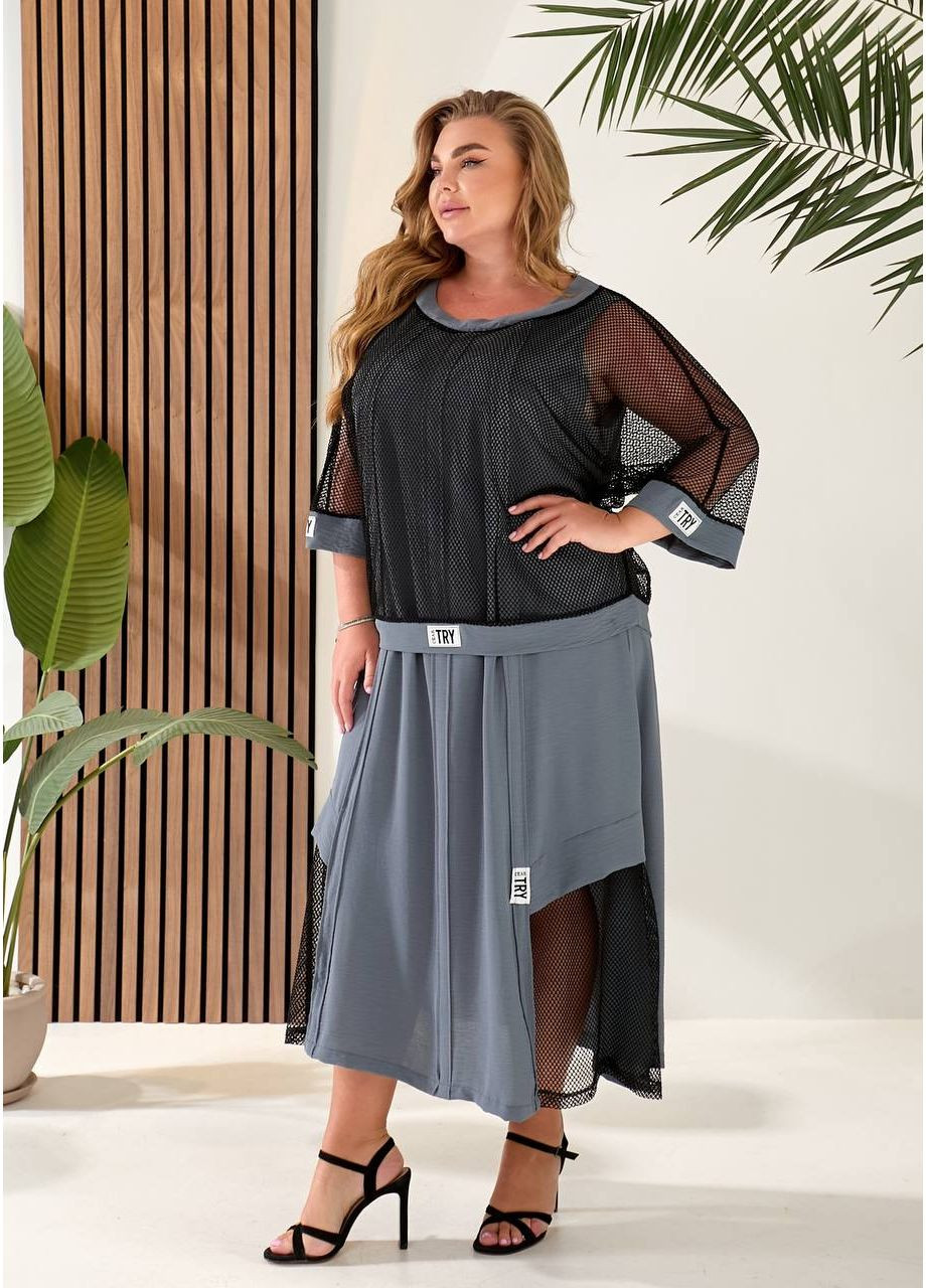 Графітова святковий, повсякденний, кежуал жіноча сукня двійка з сіткою Style Point однотонна