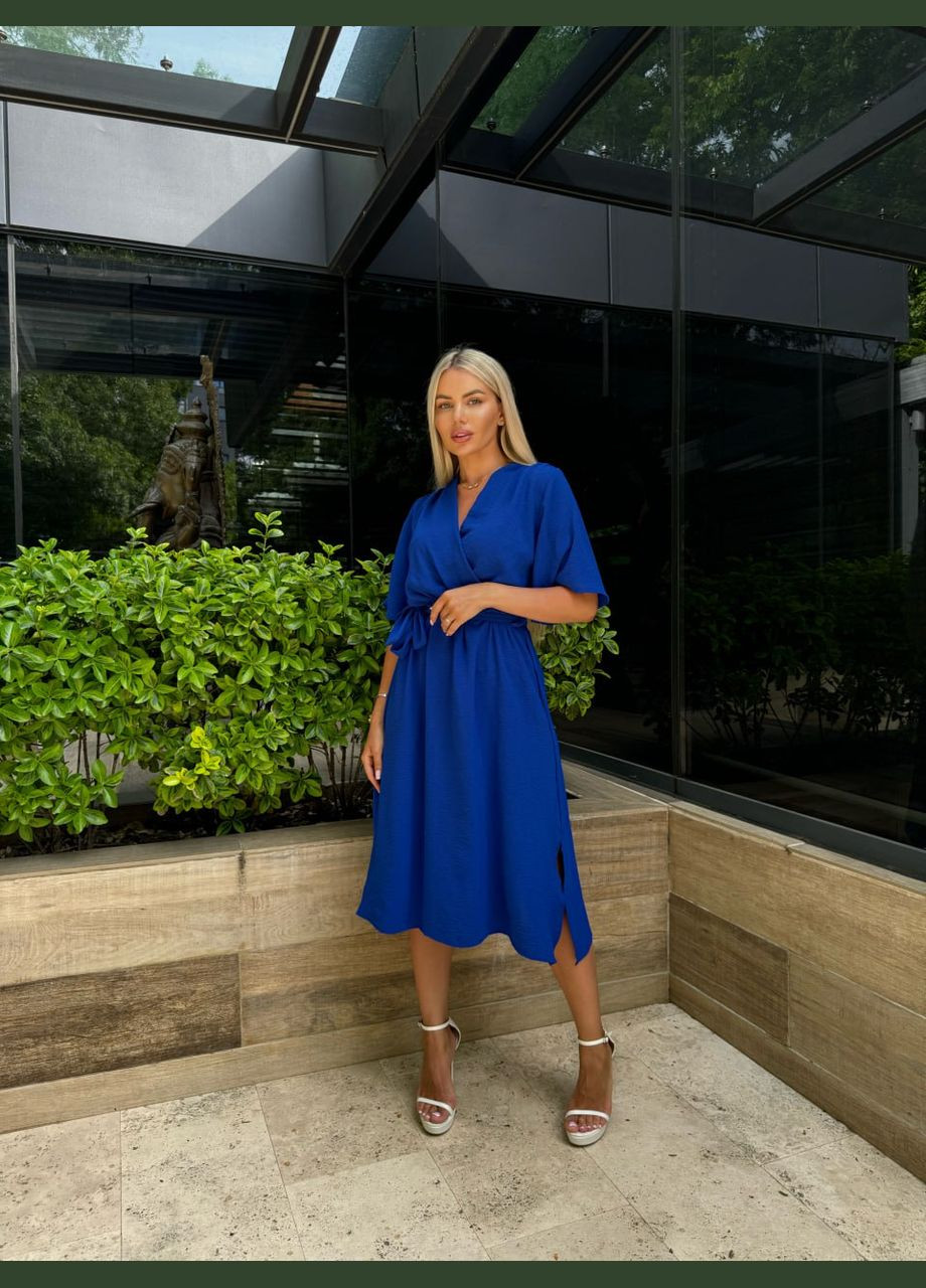 Синее повседневный легкое платье с поясом темно-синего цвета 32332 на запах Fashion однотонное