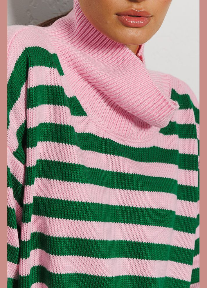 Розовый вязаный женский свитер oversize розовый в зеленую полоску Arjen