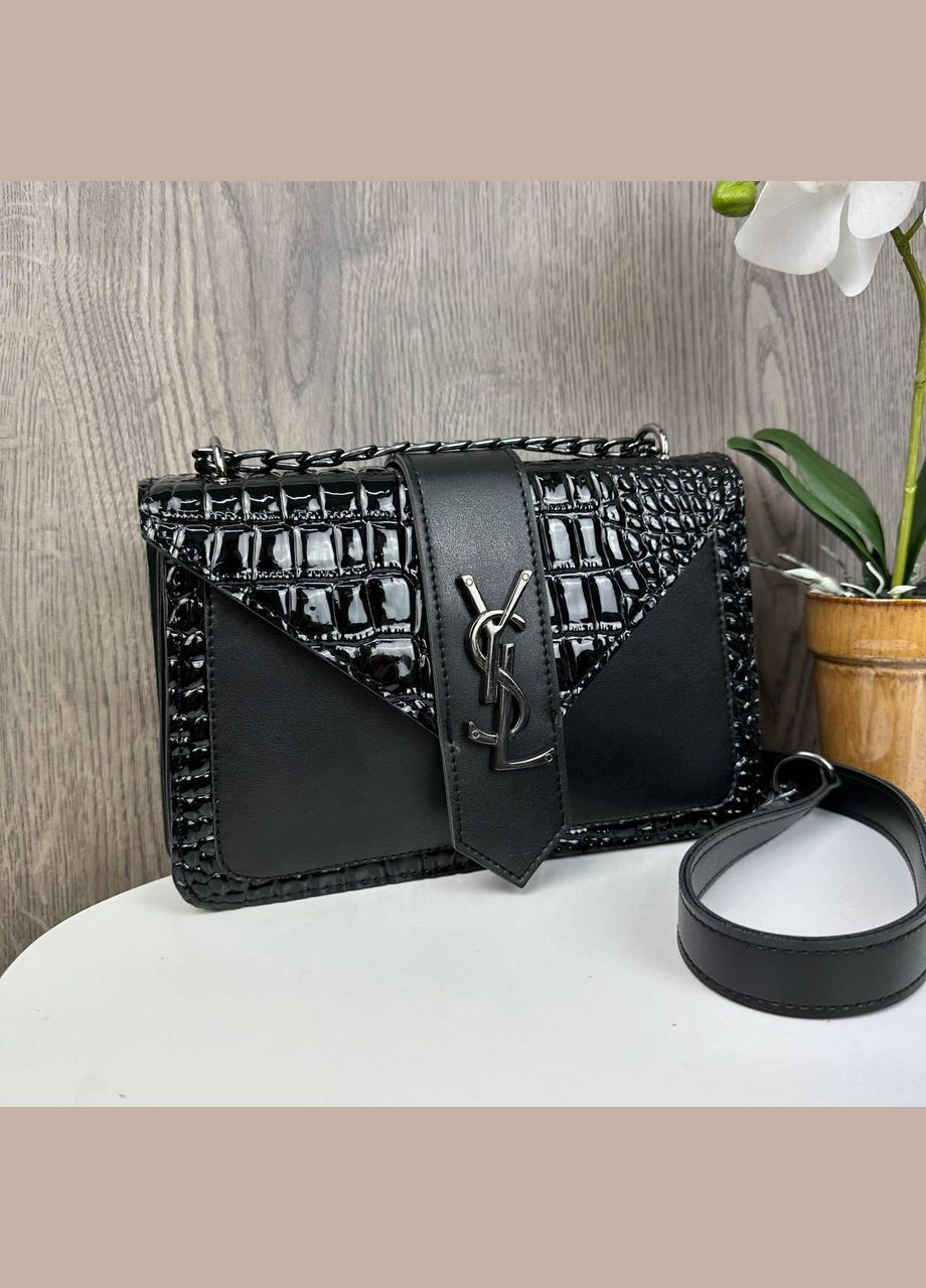 Женская мини сумочка клатч лаковая рептилия с магнитом, цепочка, черная (sku_1617) No Brand (330576168)