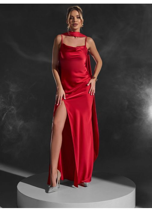 Красное праздничный, повседневный, коктейльное, вечернее платье на бретельках с разрезом No Brand однотонное